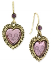 Let these darling earrings from 2028 into your heart. Featuring detailed intaglio printing on a plastic amethyst heart. Set in gold tone mixed metal. Approximate drop: 1 inch. Approximate width: 3/4 inch.