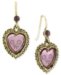 Let these darling earrings from 2028 into your heart. Featuring detailed intaglio printing on a plastic amethyst heart. Set in gold tone mixed metal. Approximate drop: 1 inch. Approximate width: 3/4 inch. Let these darling earrings from 2028 into your heart. Featuring detailed intaglio printing on a plastic amethyst heart. Set in gold tone mixed metal. Approximate drop: 1 inch. Approximate width: 3/4 inch.