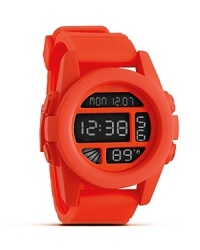 Go sporty with this bodacious statement watch from Nixon. Made from ultra-durable silicone with loads of features (temperature gauge, alarm, stopwatch) it's ready to keep pace with a vibrant way of life. Go sporty with this bodacious statement watch from Nixon. Made from ultra-durable silicone with loads of features (temperature gauge, alarm, stopwatch) it's ready to keep pace with a vibrant way of life.