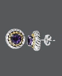 Simple studs are a great way to instantly elevate your look. Crafted in sterling silver with 14k gold rope edging, earrings feature round-cut amethyst (1-3/8 ct. t.w.). Approximate diameter: 3/8 inch.