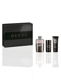 Gucci Guilty Pour Homme is an intense and individual contemporary fougère that provokes as it seduces. The scent seizes hold of the senses with a heady cocktail of invigorating Italian lemon and mandarin alongside crushed green leaves, fresh lavender and a defiant punch of pink pepper. The effect is both remarkable and uncompromisingly alluring. Experience Gucci Guilty Pour Homme with this gift set containing a 3 oz. eau de toilette, 2.5 oz. deodorant stick and a 1.6 oz. Gucci Guilty Pour Homme is an intense and individual contemporary fougère that provokes as it seduces. The scent seizes hold of the senses with a heady cocktail of invigorating Italian lemon and mandarin alongside crushed green leaves, fresh lavender and a defiant punch of pink pepper. The effect is both remarkable and uncompromisingly alluring. Experience Gucci Guilty Pour Homme with this gift set containing a 3 oz. eau de toilette, 2.5 oz. deodorant stick and a 1.6 oz.