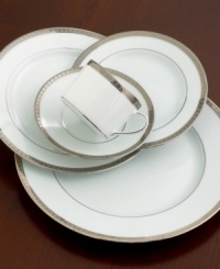 The neoclassical, geometric motif of the Athena Collection from Bernardaud Constance bring a modern allure to your table. Luminous bands of platinum ring this pattern while matte concentric squares dramatically accent the outer rims and create subtle texture and movement. The neoclassical, geometric motif of the Athena Collection from Bernardaud Constance bring a modern allure to your table. Luminous bands of platinum ring this pattern while matte concentric squares dramatically accent the outer rims and create subtle texture and movement.