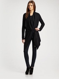 Long and languid in supple wool jersey, with draped collar that flows to a longer-in-front hem.Open front Clasp closure at neck Long sleeves Asymmetrical hem Leather belt About 40 long Wool; dry clean Imported Long and languid in supple wool jersey, with draped collar that flows to a longer-in-front hem.Open front Clasp closure at neck Long sleeves Asymmetrical hem Leather belt About 40 long Wool; dry clean Imported