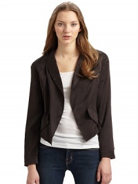 THE LOOKPeaked lapelOpen-frontLong sleevesDual flap pocketsTab detail at backTHE FITAbout 22¾ from shoulder to hemTHE MATERIAL95% silk/5% spandexCARE & ORIGINDry cleanImported THE LOOKPeaked lapelOpen-frontLong sleevesDual flap pocketsTab detail at backTHE FITAbout 22¾ from shoulder to hemTHE MATERIAL95% silk/5% spandexCARE & ORIGINDry cleanImported