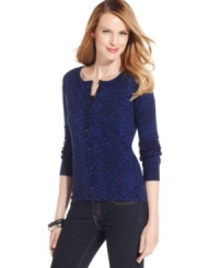 A chic animal print awakens this basic cardigan from Top Knits! Pair it with skinny jeans for an on-trend look. A chic animal print awakens this basic cardigan from Top Knits! Pair it with skinny jeans for an on-trend look.