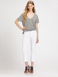 Crisp white denim, tailored with just a hint of stretch, cropped and cuffed for a look that's simply-chic.THE FITMid rise Straight leg Inseam, about 26THE DETAILSZip fly Button closure Five-pocket style 98% cotton/2% elastane Machine wash Made in USA of Italian fabric Crisp white denim, tailored with just a hint of stretch, cropped and cuffed for a look that's simply-chic.THE FITMid rise Straight leg Inseam, about 26THE DETAILSZip fly Button closure Five-pocket style 98% cotton/2% elastane Machine wash Made in USA of Italian fabric