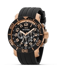 Rose gold accents lend luxe shine to this sporty Grandeur Diver watch with three-eye functionality from TW Steel. Rose gold accents lend luxe shine to this sporty Grandeur Diver watch with three-eye functionality from TW Steel.
