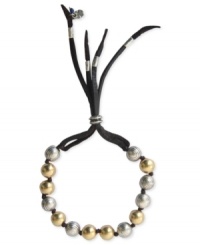 Leather gets a lift in this bracelet from Lucky Brand. Gold and silver-tone beads dress up the cord. Approximate diameter: 2-1/4 inches. Leather gets a lift in this bracelet from Lucky Brand. Gold and silver-tone beads dress up the cord. Approximate diameter: 2-1/4 inches.