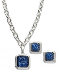 Stylish squares stand out in this pendant necklace and stud earrings set from Charter Club. Crafted from silver-tone mixed metal, the pieces pop with blue stones in the center. Items come packaged in a signature Charter Club box. Approximate length, necklace: 16 inches + 3-inch extender. Approximate drop: 1 inch. Approximate drop, earrings: 1/2 inch. Stylish squares stand out in this pendant necklace and stud earrings set from Charter Club. Crafted from silver-tone mixed metal, the pieces pop with blue stones in the center. Items come packaged in a signature Charter Club box. Approximate length, necklace: 16 inches + 3-inch extender. Approximate drop: 1 inch. Approximate drop, earrings: 1/2 inch.