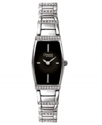 Studded with rhinestones, this elegant watch from Caravelle by Bulova wears like a jewel. Silvertone mixed metal bracelet with crystal accents. Cushion-shaped mixed metal case and black dial with logo and stick indices. Quartz movement. Moisture resistant. Two-year limited warranty. Studded with rhinestones, this elegant watch from Caravelle by Bulova wears like a jewel. Silvertone mixed metal bracelet with crystal accents. Cushion-shaped mixed metal case and black dial with logo and stick indices. Quartz movement. Moisture resistant. Two-year limited warranty.