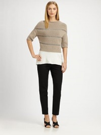 Woven, contrasting horizontal stripes band this chunky knit cotton style.Jewel necklineElbow-length sleevesRib-knit hem76% cotton/24% nylonMade in Italy of imported fabricModel shown is 6'2 (187cm) wearing US size Small. Woven, contrasting horizontal stripes band this chunky knit cotton style.Jewel necklineElbow-length sleevesRib-knit hem76% cotton/24% nylonMade in Italy of imported fabricModel shown is 6'2 (187cm) wearing US size Small.