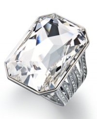 Go for big sparkle with Swarovski's elegant cocktail ring. Features a large, flat clear crystal adorned with multiple strands of clear crystal pave. Crafted in rhodium-plated mixed metal. Size 7. Go for big sparkle with Swarovski's elegant cocktail ring. Features a large, flat clear crystal adorned with multiple strands of clear crystal pave. Crafted in rhodium-plated mixed metal. Size 7.