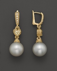 Freshwater pearl drop earrings with heart-shaped canary crystal and pave diamond accents. By Judith Ripka. Freshwater pearl drop earrings with heart-shaped canary crystal and pave diamond accents. By Judith Ripka.