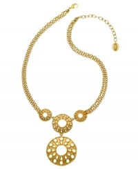 Glam it up like a golden goddess. T Tahari's sunshine-inspired pendant features a double circle drop in antique gold tone mixed metal. Base metal is nickel-free for sensitive skin. Approximate length: 18 inches + 3-inch extender. Approximate drop: 3-1/2 inches. Glam it up like a golden goddess. T Tahari's sunshine-inspired pendant features a double circle drop in antique gold tone mixed metal. Base metal is nickel-free for sensitive skin. Approximate length: 18 inches + 3-inch extender. Approximate drop: 3-1/2 inches.