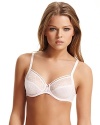 A three part cup bra with C chain print mesh and ladder embroidered trim along neckline. Style #3582