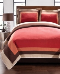 Casual, contemporary style reigns in this McArthur quilt set, boasting a modern frame layout and vertical stitched stripes all in enticing hues. Casual, contemporary style reigns in this McArthur quilt set, boasting a modern frame layout and vertical stitched stripes all in enticing hues.
