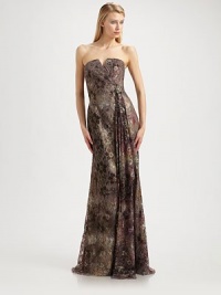 A sculptural strapless neckline and metallic lace define this glamorous, floor-length silhouette.Strapless surplice necklineMetal waist detailSkirt drapeConcealed back zipFully linedAbout 55 long60% nylon/40% rayonDry cleanImportedModel shown is 5'11 (180cm) wearing US size 4. A sculptural strapless neckline and metallic lace define this glamorous, floor-length silhouette.Strapless surplice necklineMetal waist detailSkirt drapeConcealed back zipFully linedAbout 55 long60% nylon/40% rayonDry cleanImportedModel shown is 5'11 (180cm) wearing US size 4.