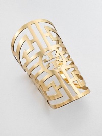 This statement piece is an intricate labyrinth of modern design. 16k goldplated on brassLength, about 7.5Width, about 5Slip-on styleImported This statement piece is an intricate labyrinth of modern design. 16k goldplated on brassLength, about 7.5Width, about 5Slip-on styleImported