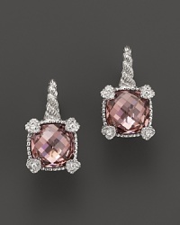 Raspberry crystal earrings framed in sterling silver and detailed with four white sapphire detailed hearts. Designed by Judith Ripka. Raspberry crystal earrings framed in sterling silver and detailed with four white sapphire detailed hearts. Designed by Judith Ripka.