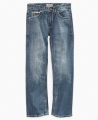A light wash makes these slim-fit denim jeans from Request a perfect addition to his laid-back style. A light wash makes these slim-fit denim jeans from Request a perfect addition to his laid-back style.
