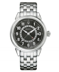 A tie between form and function. Exquisite Gemini collection watch by Bulova Accutron crafted of stainless steel bracelet and round case with clear back and curved anti-reflective sapphire crystal. Patterned black dial features applied silver tone numerals at markers, minute track, military time, date window at three o'clock, luminous hands and logo at twelve o'clock. Swiss mechanical movement. Water resistant to 50 meters. Five-year limited warranty. A tie between form and function. Exquisite Gemini collection watch by Bulova Accutron crafted of stainless steel bracelet and round case with clear back and curved anti-reflective sapphire crystal. Patterned black dial features applied silver tone numerals at markers, minute track, military time, date window at three o'clock, luminous hands and logo at twelve o'clock. Swiss mechanical movement. Water resistant to 50 meters. Five-year limited warranty.