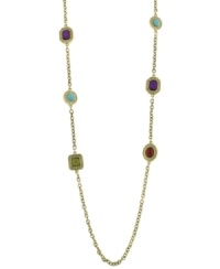 Neatly bejeweled. Colorful acrylic stones delicately dot the long gold tone chain on this 2028 necklace. Approximate length: 36 inches. Neatly bejeweled. Colorful acrylic stones delicately dot the long gold tone chain on this 2028 necklace. Approximate length: 36 inches.