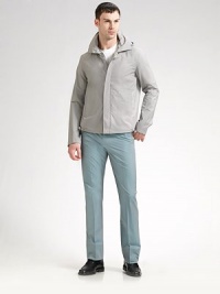 Casual appeal with a sleek finish, tailored in Italy with a blouson fit and snap hood in back. Adjustable drawcord at hem Concealed zip front Side slash pockets Cotton/polyamide/polyurethane; dry clean Made in Italy Casual appeal with a sleek finish, tailored in Italy with a blouson fit and snap hood in back. Adjustable drawcord at hem Concealed zip front Side slash pockets Cotton/polyamide/polyurethane; dry clean Made in Italy
