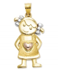 This sweet little girl will brighten your day. Crafted in 14k gold, 14k rose gold and sterling silver, this cute design features a girl with pigtails, ribbons, and overalls accented by a heart. Chain not included. Approximate length: 1-1/5 inches. Approximate width: 1/2 inch. This sweet little girl will brighten your day. Crafted in 14k gold, 14k rose gold and sterling silver, this cute design features a girl with pigtails, ribbons, and overalls accented by a heart. Chain not included. Approximate length: 1-1/5 inches. Approximate width: 1/2 inch.
