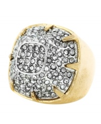 A chic combination. Rich rose gold tone and silver tone mixed metal join together on this trendy cocktail ring from Vince Camuto. Featuring a stylish pronged setting, it's embellished with sparkling pave crystals. Size 7. A chic combination. Rich rose gold tone and silver tone mixed metal join together on this trendy cocktail ring from Vince Camuto. Featuring a stylish pronged setting, it's embellished with sparkling pave crystals. Size 7.