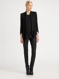 Lightweight crepe pairs defined shoulders against a fluid draped-front in this dynamic cropped blazer.Foldover lapelsAsymmetrical button frontThree-quarter sleevesBodice seamsWelt pocketsBack contour hemAbout 27 from shoulder to hemViscoseDry cleanMade in USA of Italian fabricModel shown is 5'10 (177cm) wearing US size 4. Lightweight crepe pairs defined shoulders against a fluid draped-front in this dynamic cropped blazer.Foldover lapelsAsymmetrical button frontThree-quarter sleevesBodice seamsWelt pocketsBack contour hemAbout 27 from shoulder to hemViscoseDry cleanMade in USA of Italian fabricModel shown is 5'10 (177cm) wearing US size 4.