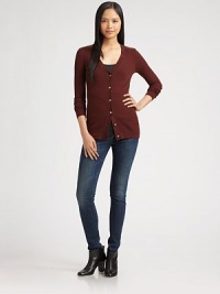 Featherweight rib knit kissed with a hint of soft cashmere, all in a classic V-neck style.V-neckButton frontLong sleevesFine ribbed trimAbout 19 from shoulder to hem40% rayon/30% nylon/25% polyester/5% cashmereDry cleanImportedModel shown is 5'11 (180cm) wearing US size Small. Featherweight rib knit kissed with a hint of soft cashmere, all in a classic V-neck style.V-neckButton frontLong sleevesFine ribbed trimAbout 19 from shoulder to hem40% rayon/30% nylon/25% polyester/5% cashmereDry cleanImportedModel shown is 5'11 (180cm) wearing US size Small.