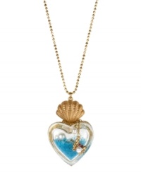 Betsey Johnson has sent you a message in a bottle! This fabulous long necklace features a captivating heart bottle pendant with glass pearls, pink and blue faceted beads and a turtle at the inside. A gold tone seashell sits at the top, and a crab charm with glass pearl accent dangles at the side. Crafted in antique gold tone mixed metal. Approximate length: 32 inches + 3-inch extender. Approximate drop length: 2-3/4 inches. Approximate drop width: 1-3/4 inches.