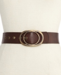 Retro appeal makes a comeback, thanks to this brown leather belt from Fossil. Topped with an antiqued buckle that screams vintage chic. Retro appeal makes a comeback, thanks to this brown leather belt from Fossil. Topped with an antiqued buckle that screams vintage chic.