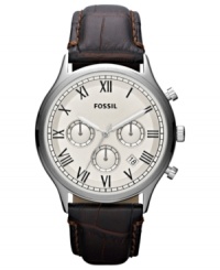 A vintage-inspired chronograph watch in black and silver from Fossil's Ansel collection. A vintage-inspired chronograph watch in black and silver from Fossil's Ansel collection.