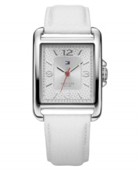 White leather and silver tones create an elegant watch by Tommy Hilfiger. White leather and silver tones create an elegant watch by Tommy Hilfiger.