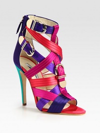 Electrified multicolored satin design with goldtone buckle straps and a sky-high heel. Self-covered heel, 4½ (115mm)Satin upperBack zipAdjustable buckle strapsLeather lining and solePadded insoleMade in Italy Electrified multicolored satin design with goldtone buckle straps and a sky-high heel. Self-covered heel, 4½ (115mm)Satin upperBack zipAdjustable buckle strapsLeather lining and solePadded insoleMade in Italy