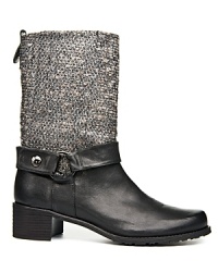 Moto meets menswear influences in these trendy tweed and leather Stuart Weitzman boots. Moto meets menswear influences in these trendy tweed and leather Stuart Weitzman boots.