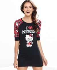 Snuggle up in this comfortable and fun Hello Kitty Nerds sleepshirt. A cute, nerdy Hello Kitty screen print adorns the front and is printed on the patterned sleeves. Snuggle up in this comfortable and fun Hello Kitty Nerds sleepshirt. A cute, nerdy Hello Kitty screen print adorns the front and is printed on the patterned sleeves.