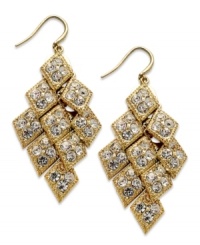 Shake things up with this chandelier earring style from Alfani. Golden discs features pave crystal accents for added shine. Crafted in gold tone mixed metal. Approximate drop: 2 inches. Shake things up with this chandelier earring style from Alfani. Golden discs features pave crystal accents for added shine. Crafted in gold tone mixed metal. Approximate drop: 2 inches.