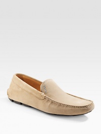 Sophisticated suede features metal logo detail and rubber gripper soles. Suede Leather lining Padded insole Rubber sole Made in Italy Sophisticated suede features metal logo detail and rubber gripper soles. Suede Leather lining Padded insole Rubber sole Made in Italy