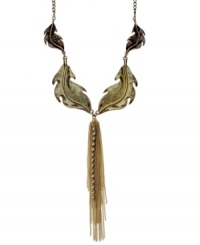 Walk into autumn with natural style. Bar III's leaf-designed necklace highlights a tassel drop with linear crystal accents. Crafted in gold tone mixed metal. Approximate length: 24 inches. Approximate drop: 7 inches. Walk into autumn with natural style. Bar III's leaf-designed necklace highlights a tassel drop with linear crystal accents. Crafted in gold tone mixed metal. Approximate length: 24 inches. Approximate drop: 7 inches.