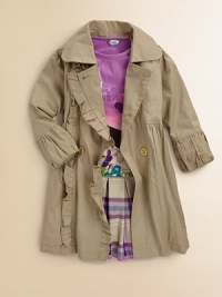 A charming rain-or-shine coat softened by feminine ruffles and ruched cuffs, in stretch cotton sateen.Oversized rounded collarDouble-breasted front with ruffleSoftly pleated shouldersLong sleeves with wide ruched cuffsSewn waist with soft pleatingSide-seam pocketsBack princess seamsFully lined97% cotton/3% spandexMachine washImportedPlease note: Number of buttons may vary depending on size ordered. A charming rain-or-shine coat softened by feminine ruffles and ruched cuffs, in stretch cotton sateen.Oversized rounded collarDouble-breasted front with ruffleSoftly pleated shouldersLong sleeves with wide ruched cuffsSewn waist with soft pleatingSide-seam pocketsBack princess seamsFully lined97% cotton/3% spandexMachine washImportedPlease note: Number of buttons may vary depending on size ordered.