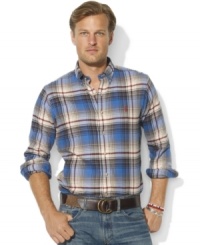 Rustic meets refined in this trim-fitting sport shirt, rendered in soft plaid cotton with Ralph Lauren's iconic pony accenting the left chest. Rustic meets refined in this trim-fitting sport shirt, rendered in soft plaid cotton with Ralph Lauren's iconic pony accenting the left chest.