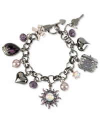 Rise and shine with this multi-charm bracelet from Betsey Johnson. Crafted from hematite-tone mixed metal, the bracelet dazzles with charms adorned with colorful glass crystal accents and faceted beads. Approximate length: 7-1/2 inches. Rise and shine with this multi-charm bracelet from Betsey Johnson. Crafted from hematite-tone mixed metal, the bracelet dazzles with charms adorned with colorful glass crystal accents and faceted beads. Approximate length: 7-1/2 inches.
