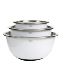 Your partners in prep! Three nesting bowls with brushed stainless steel interiors and plastic exteriors retain temperatures for mixing, marinating and chilling, while also protecting your hands from extreme temps when serving. Convenience comes easy thanks to non-skid bottoms that keep bowls in place while you mix and a dishwasher safe promise that lets you clean up fast. Lifetime warranty. Your partners in prep! Three nesting bowls with brushed stainless steel interiors and plastic exteriors retain temperatures for mixing, marinating and chilling, while also protecting your hands from extreme temps when serving. Convenience comes easy thanks to non-skid bottoms that keep bowls in place while you mix and a dishwasher safe promise that lets you clean up fast. Lifetime warranty.
