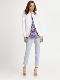 Cool, cotton-rich blazer has a notched shawl collar, front flap pockets and a back vent for extra mobility. Notched shawl collarButton frontFront flap pocketsLong sleeves with buttoned cuffsBack ventFully linedAbout 26 from shoulder to hem98% cotton/2% Lycra®Dry cleanMade in USA of Italian fabricModel shown is 5'10 (177cm) wearing US size 2. Cool, cotton-rich blazer has a notched shawl collar, front flap pockets and a back vent for extra mobility. Notched shawl collarButton frontFront flap pocketsLong sleeves with buttoned cuffsBack ventFully linedAbout 26 from shoulder to hem98% cotton/2% Lycra®Dry cleanMade in USA of Italian fabricModel shown is 5'10 (177cm) wearing US size 2.
