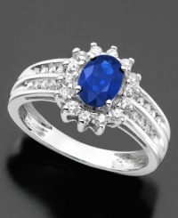 First in its class. This stunning ring features oval-cut sapphire (1 ct. t.w.) and round-cut diamond (1/3 ct. t.w.) set in 14k white gold. First in its class. This stunning ring features oval-cut sapphire (1 ct. t.w.) and round-cut diamond (1/3 ct. t.w.) set in 14k white gold.