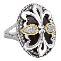925 Silver, Onyx & Diamond Double Fleur De Lis Ring with 18k Gold Accents (0.09ctw)- Sizes 6-8
