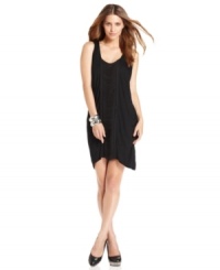 A stylishly slouchy shape and draped fringe trim adds a chic spin to this BCBGMAXAZRIA little black dress -- a soiree staple! A stylishly slouchy shape and draped fringe trim adds a chic spin to this BCBGMAXAZRIA little black dress -- a soiree staple!