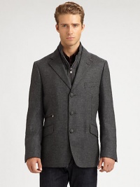Inspired from the traditional look and feel of checked tweed, this three-button jacket is shaped in the supreme softness of a wool and cashmere blend, featuring a zip-out front vest panel and an additional front ticket pocket.Button-frontNotch lapelChest welt, waist flap pocketsSide vents94% wool/6% cashmereDry cleanMade in Italy Inspired from the traditional look and feel of checked tweed, this three-button jacket is shaped in the supreme softness of a wool and cashmere blend, featuring a zip-out front vest panel and an additional front ticket pocket.Button-frontNotch lapelChest welt, waist flap pocketsSide vents94% wool/6% cashmereDry cleanMade in Italy
